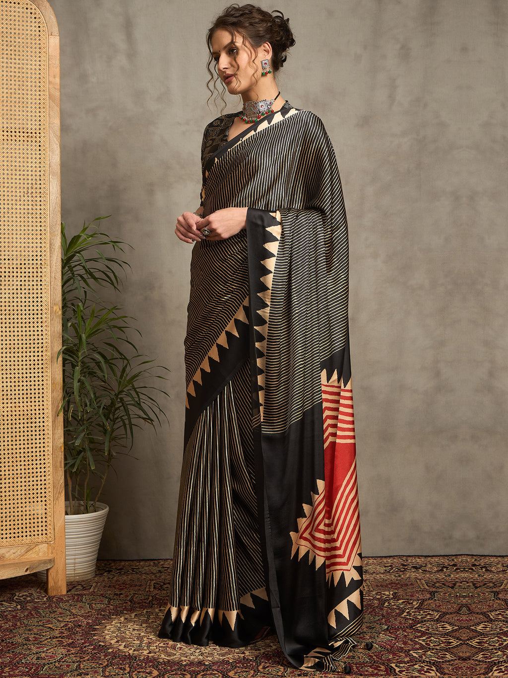 pure crepe black printed designer saree with blouse piece norajrk105