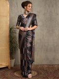 pure crepe black printed designer saree with blouse piece norajrk106