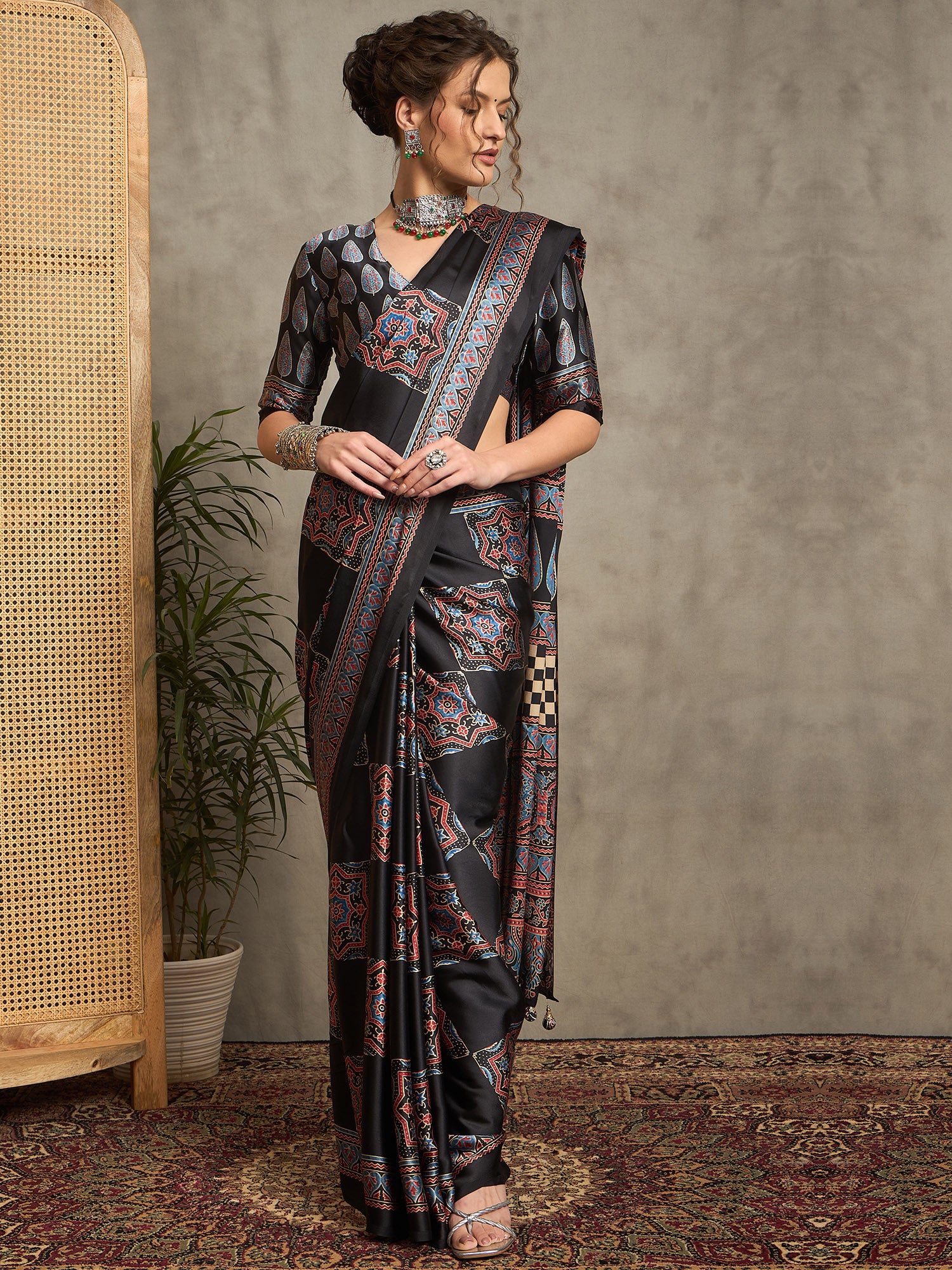 pure crepe black printed designer saree with blouse piece norajrk106