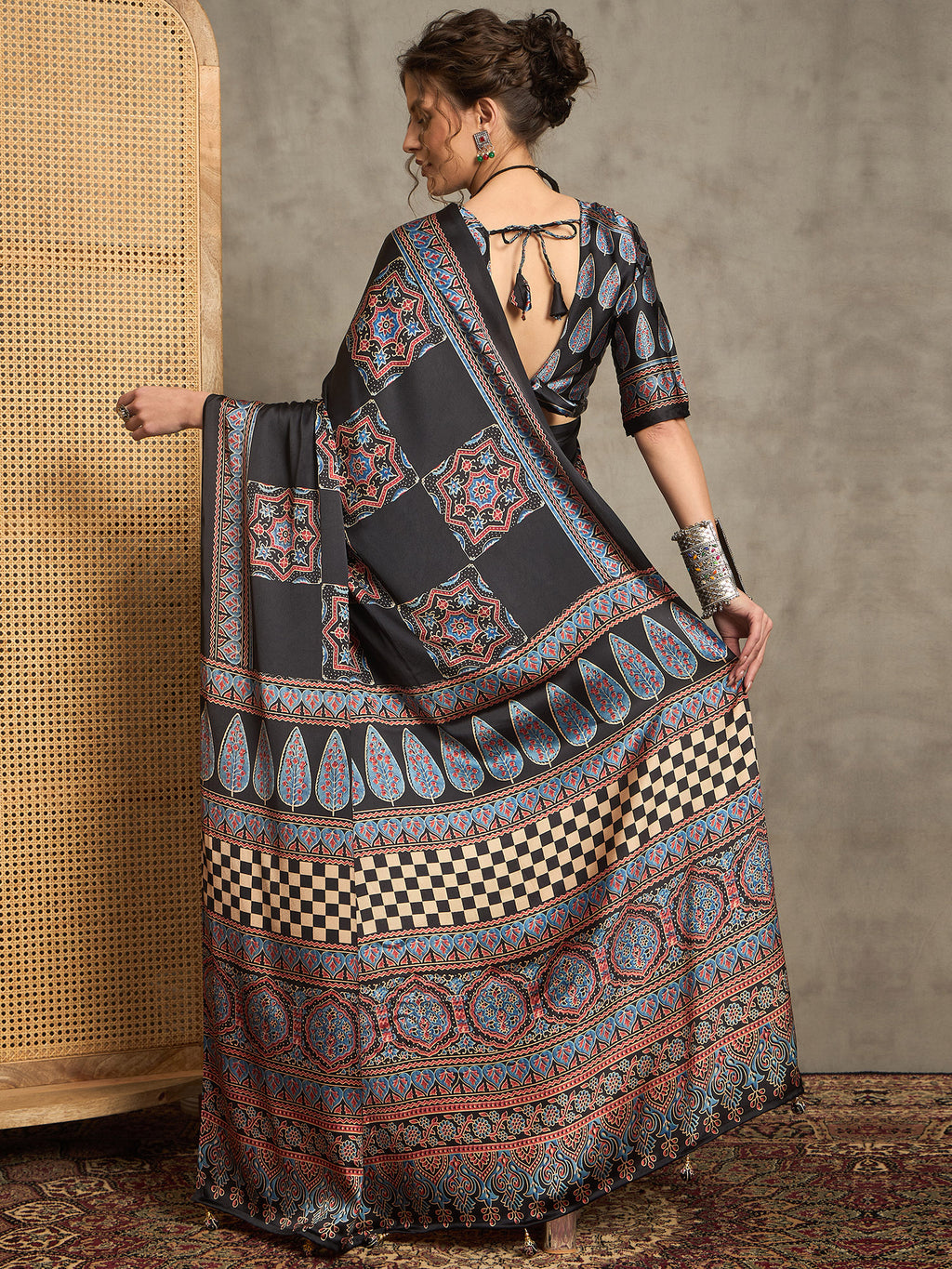 pure crepe black printed designer saree with blouse piece norajrk106