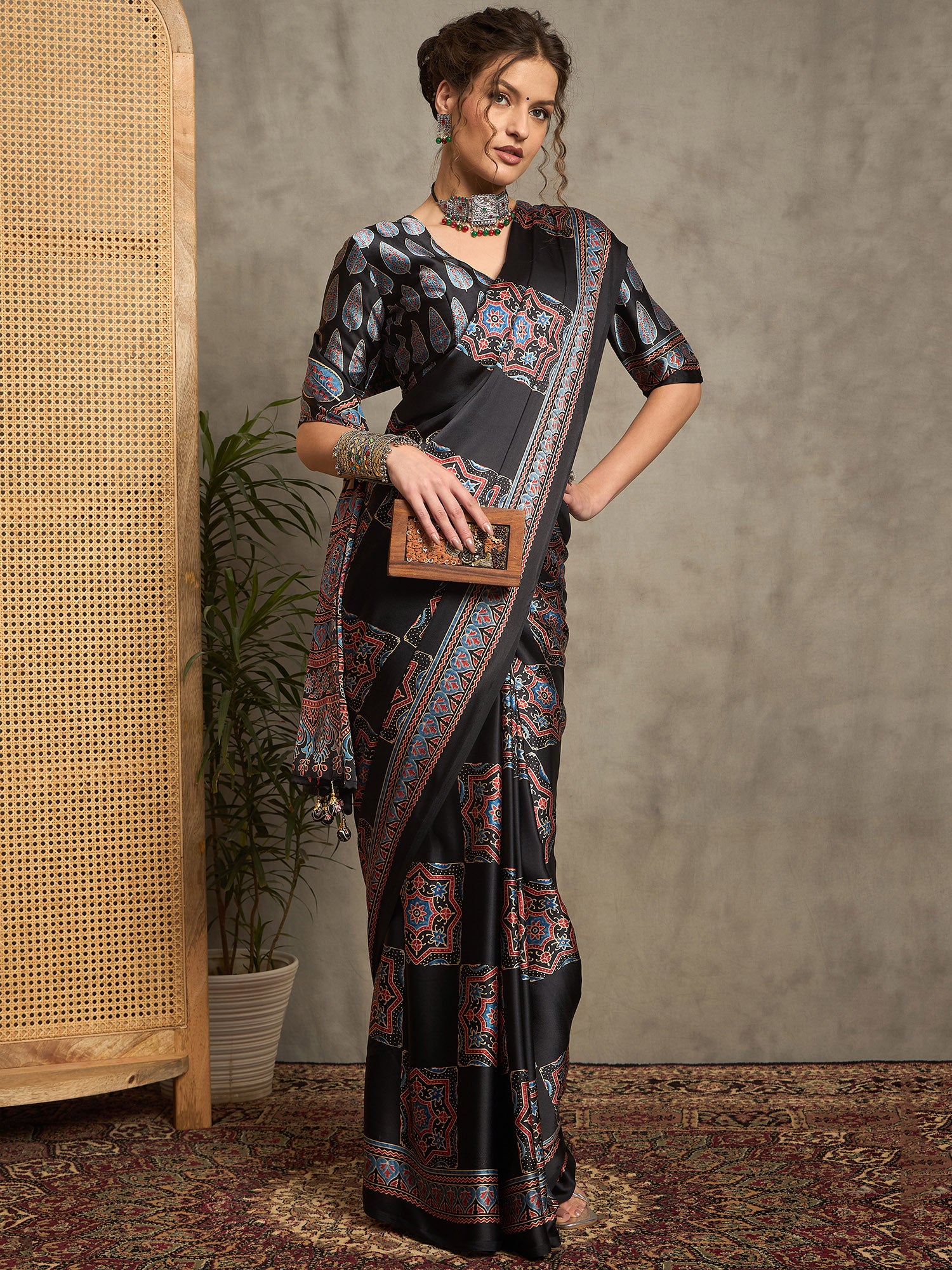 pure crepe black printed designer saree with blouse piece norajrk106