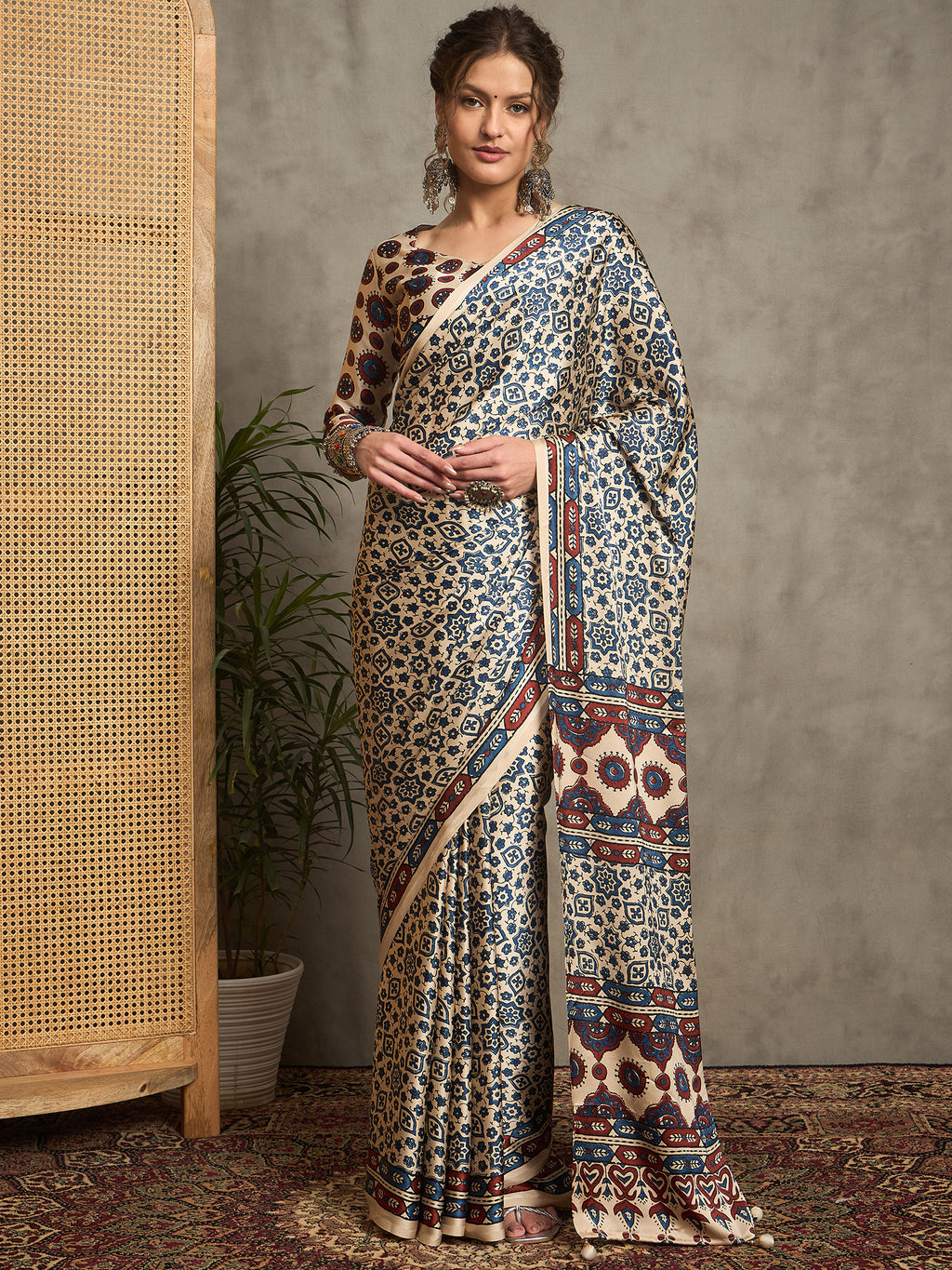 pure crepe cream printed designer saree with blouse piece norajrk107