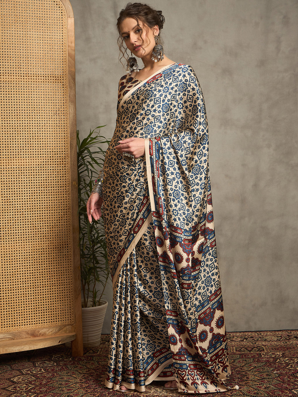 pure crepe cream printed designer saree with blouse piece norajrk107