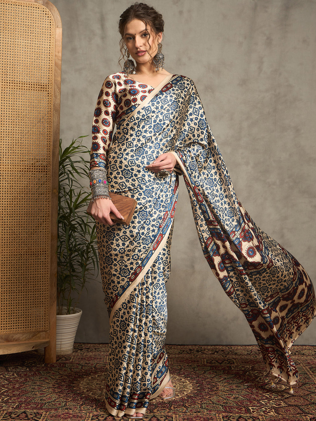 pure crepe cream printed designer saree with blouse piece norajrk107