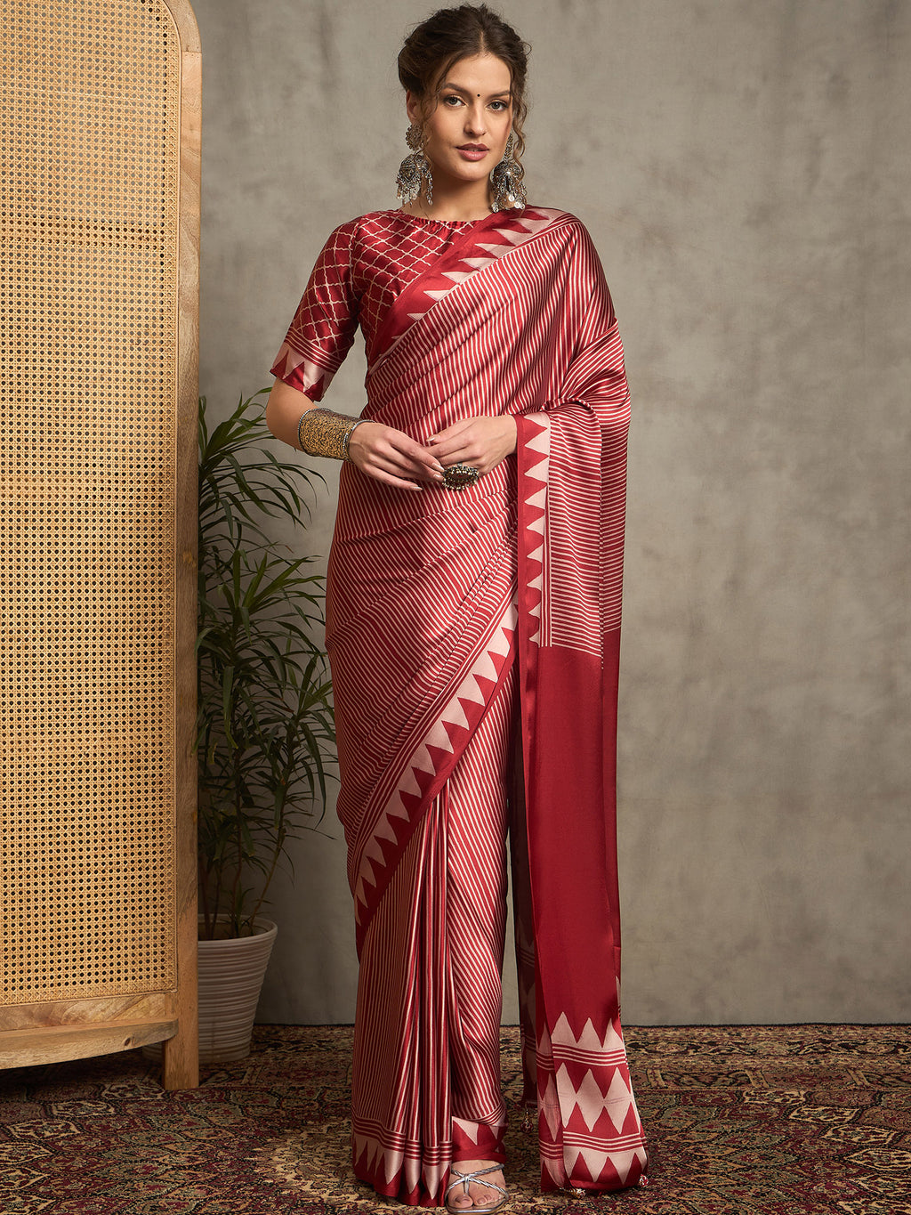 pure crepe red printed designer saree with blouse piece norajrk108