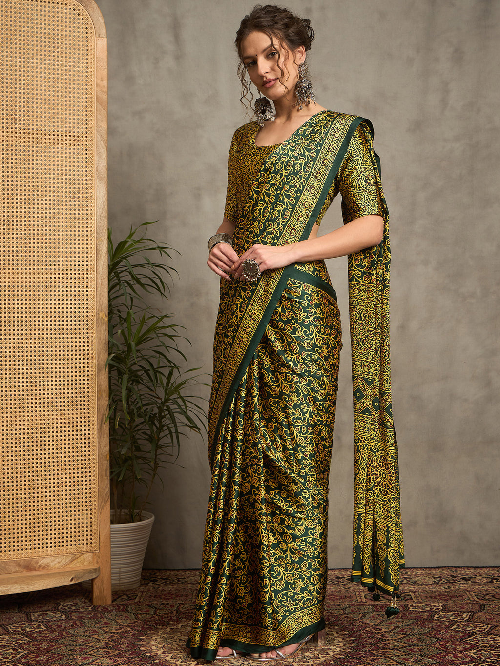 pure crepe green printed designer saree with blouse piece norajrk109