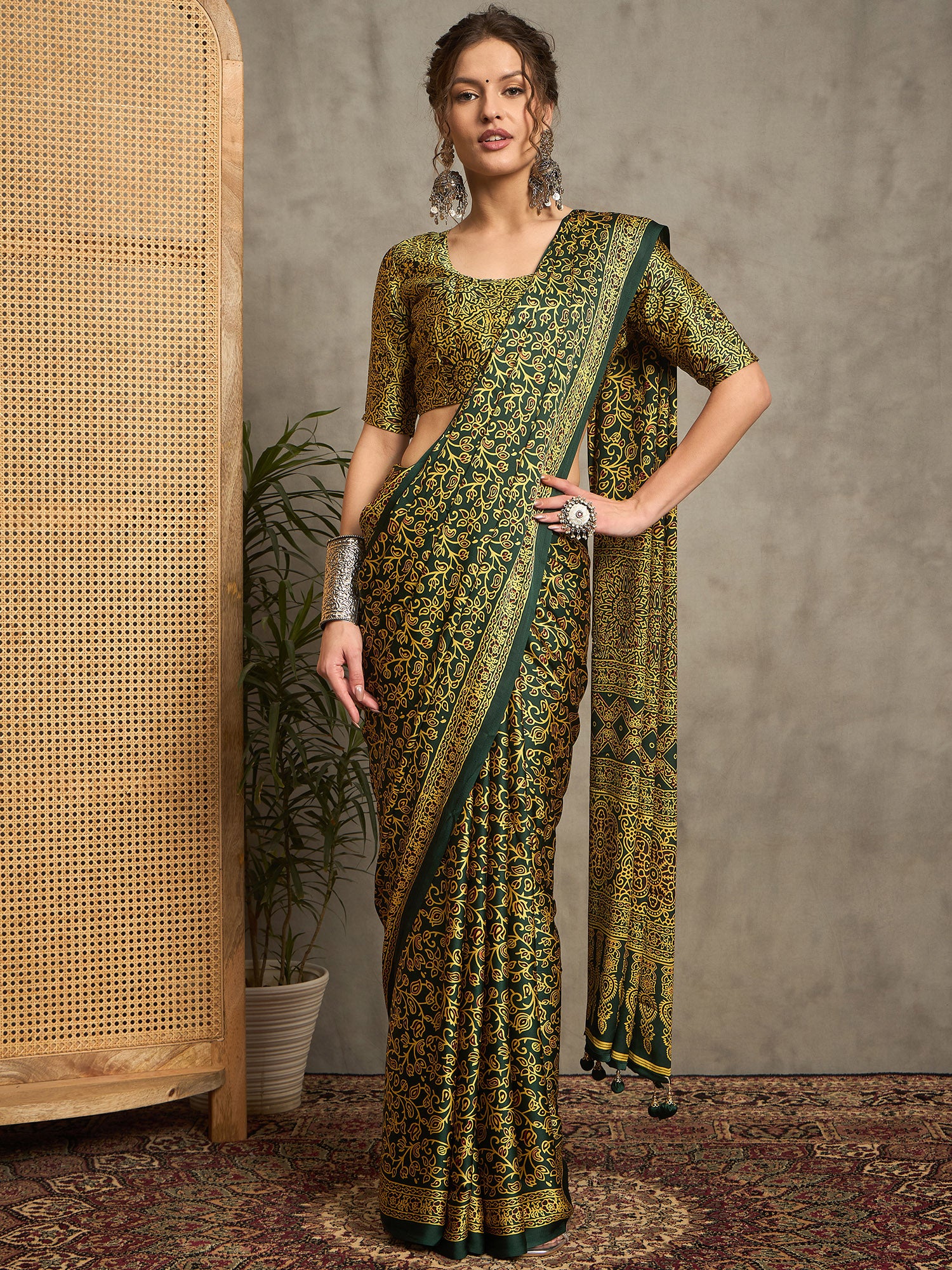 pure crepe green printed designer saree with blouse piece norajrk109