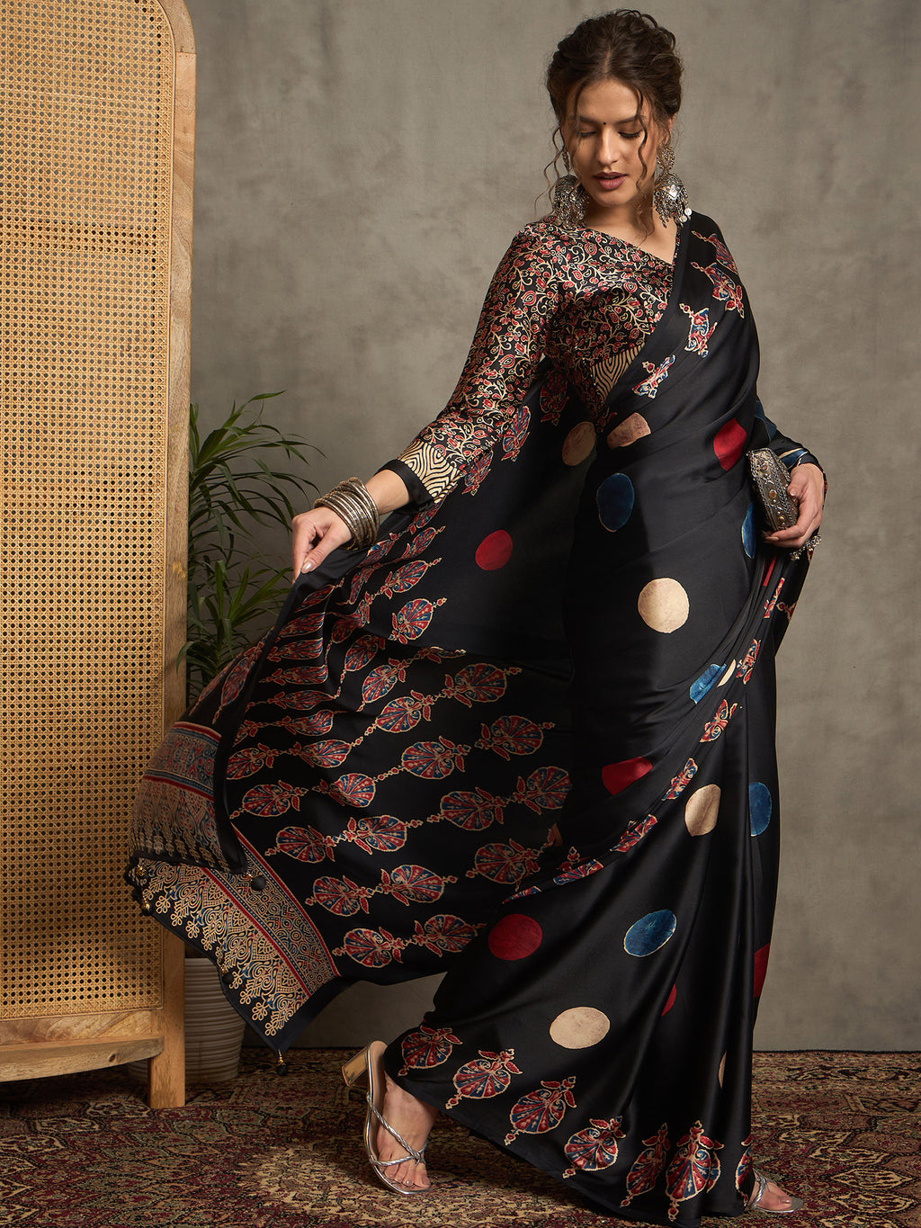 pure crepe black printed designer saree with blouse piece norajrk111