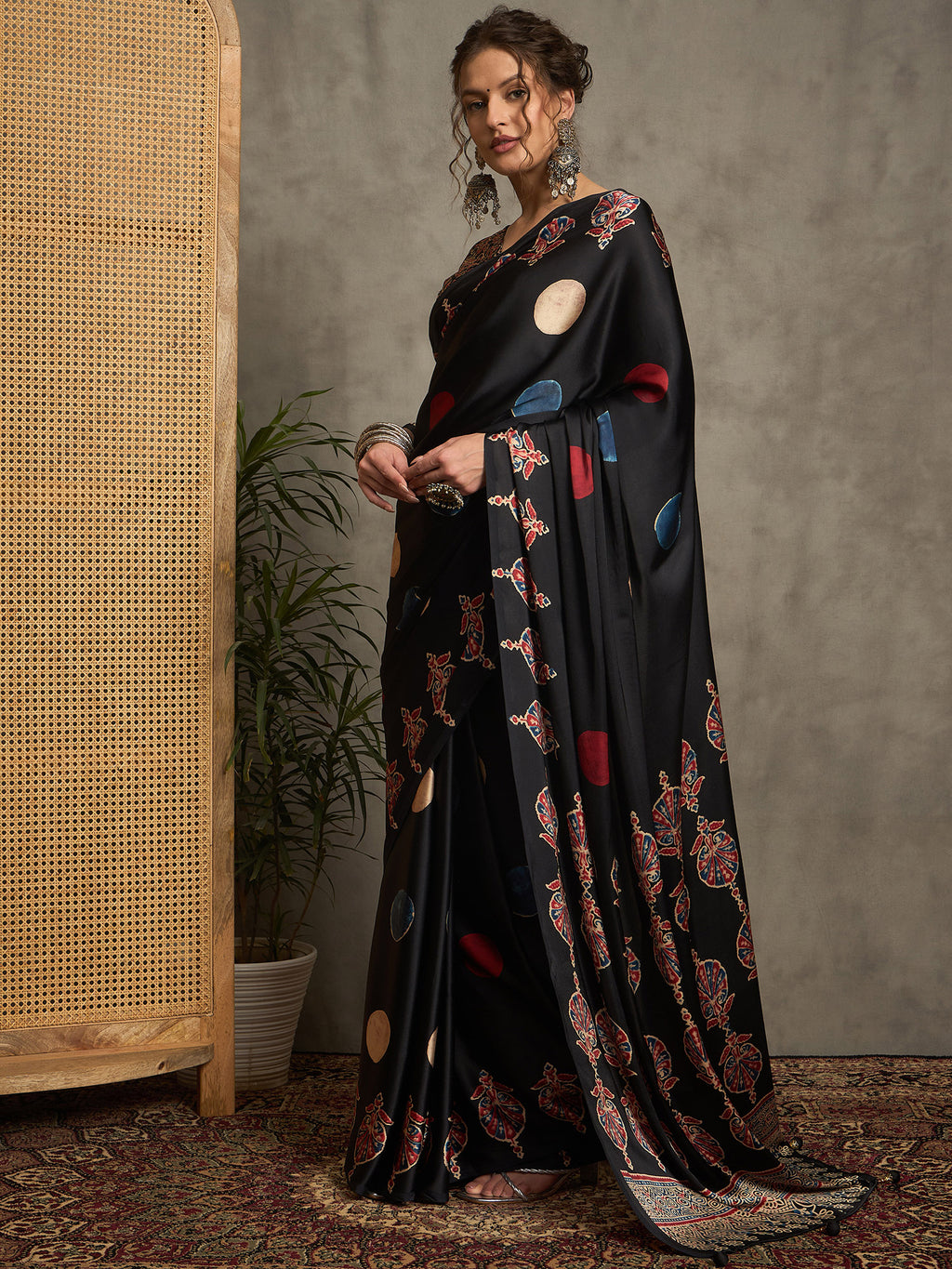 pure crepe black printed designer saree with blouse piece norajrk111