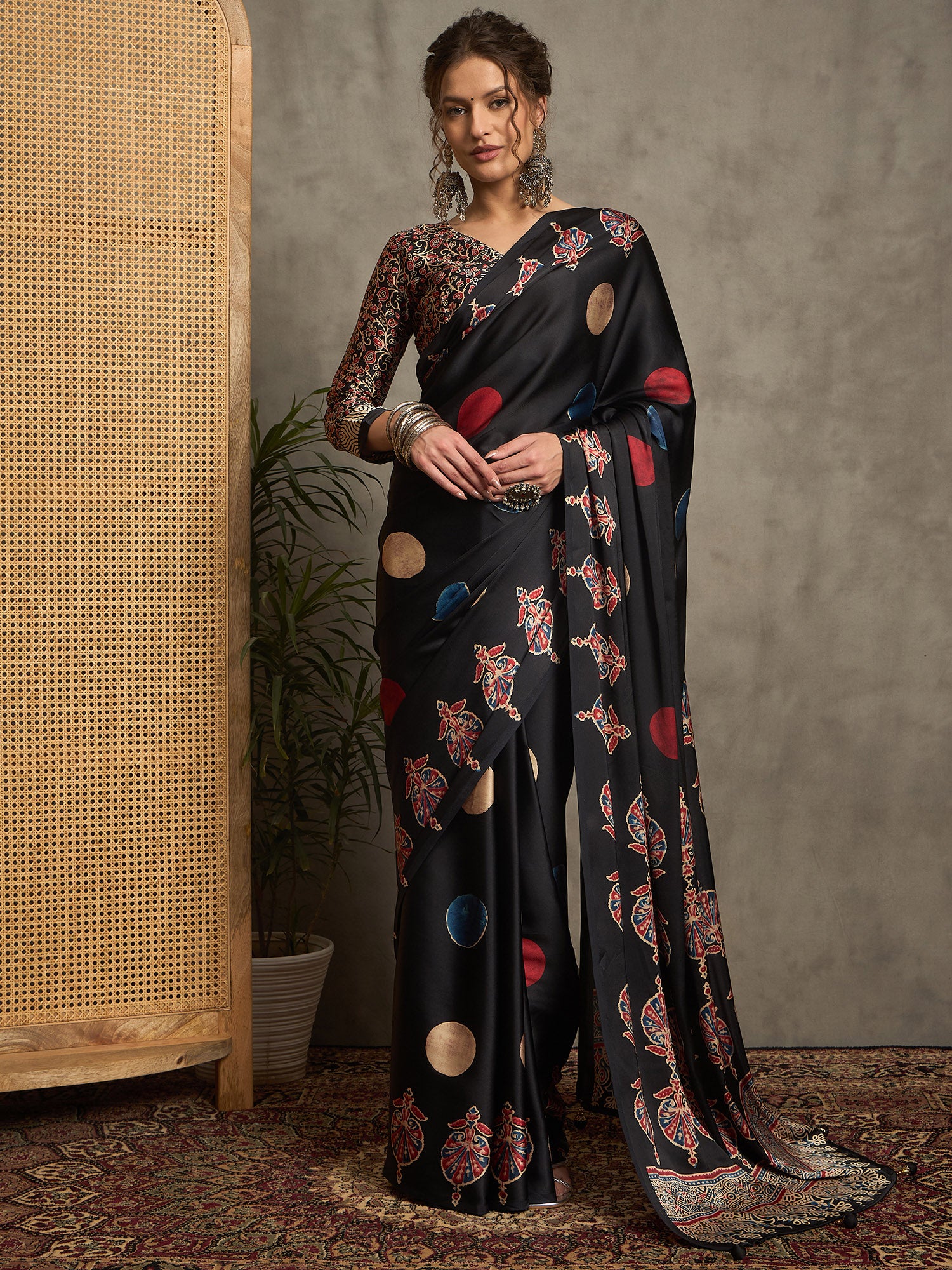 pure crepe black printed designer saree with blouse piece norajrk111