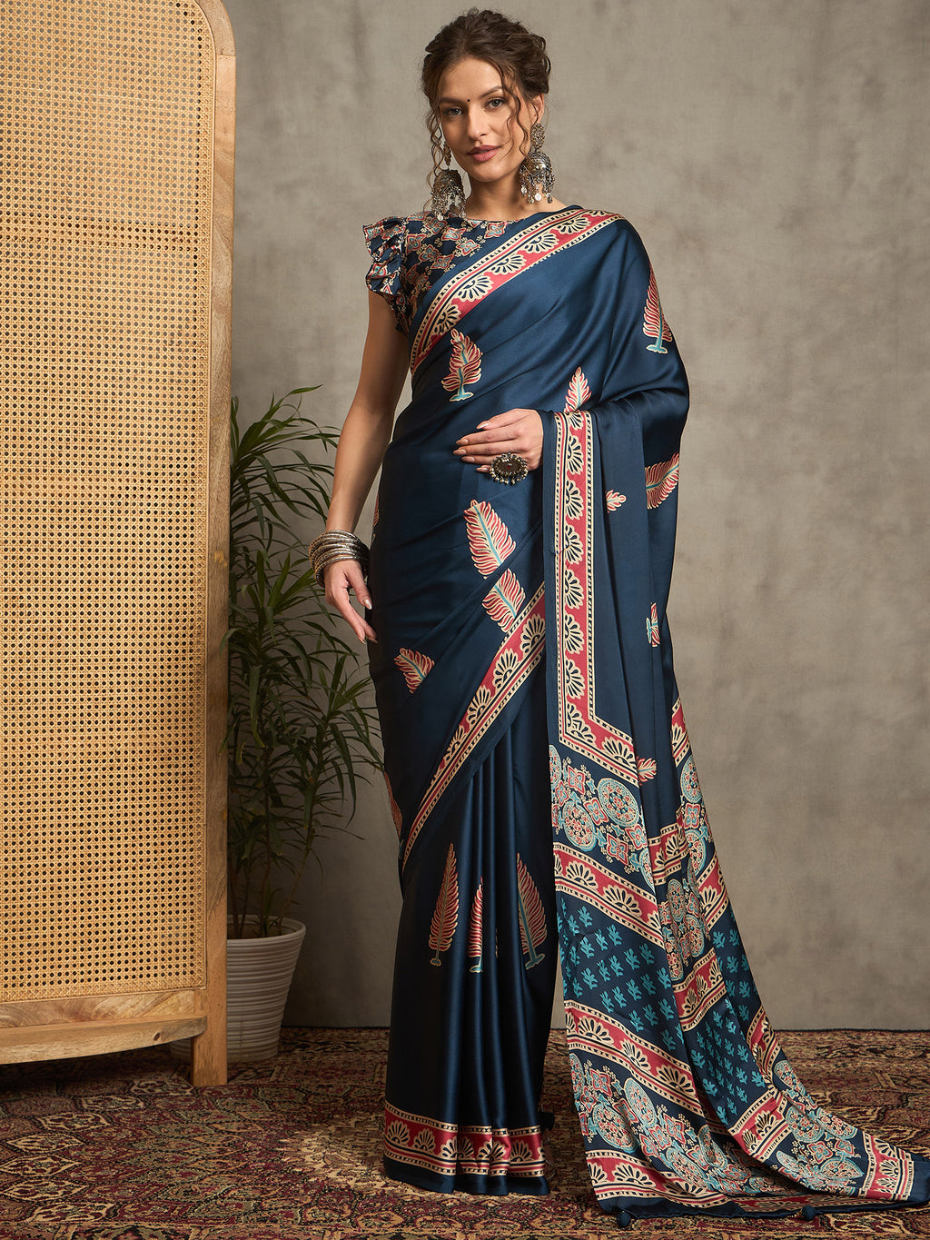 pure crepe teal blue printed designer saree with blouse piece norajrk112