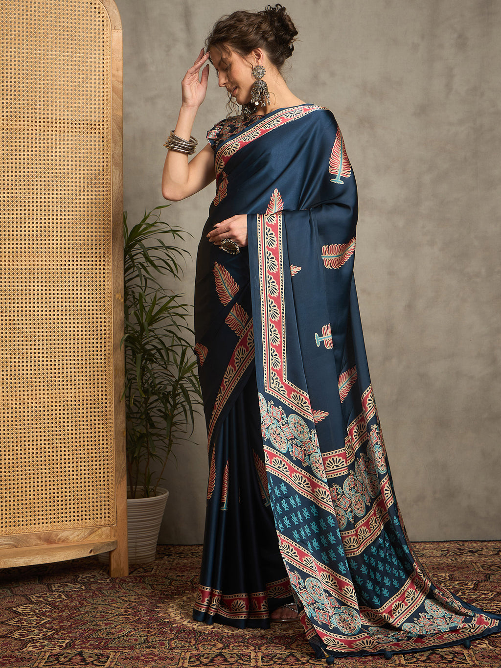 pure crepe teal blue printed designer saree with blouse piece norajrk112