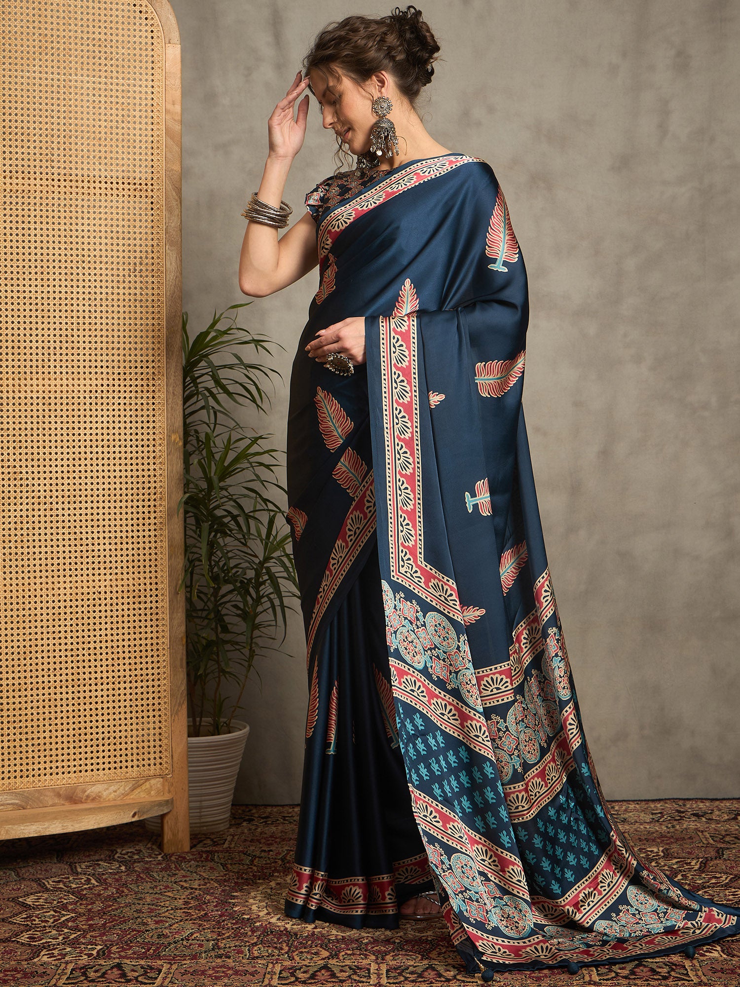 pure crepe teal blue printed designer saree with blouse piece norajrk112