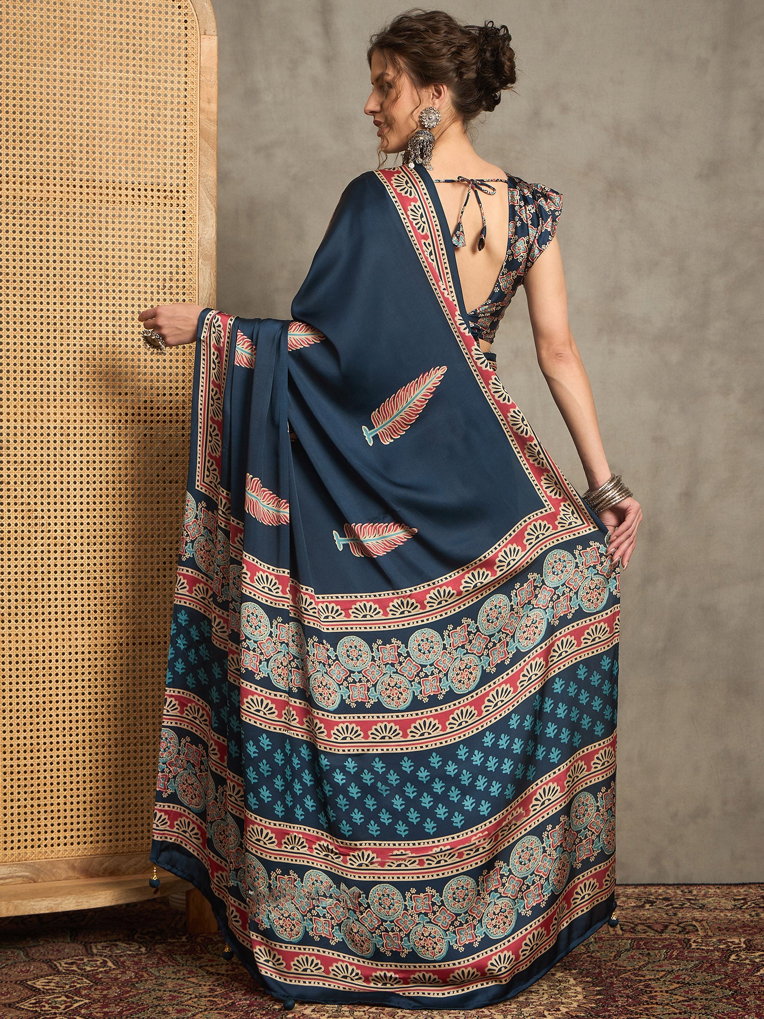 pure crepe teal blue printed designer saree with blouse piece norajrk112