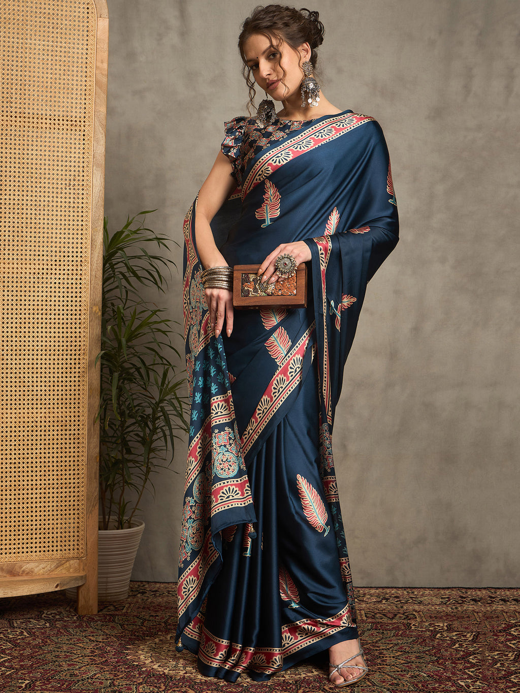 pure crepe teal blue printed designer saree with blouse piece norajrk112