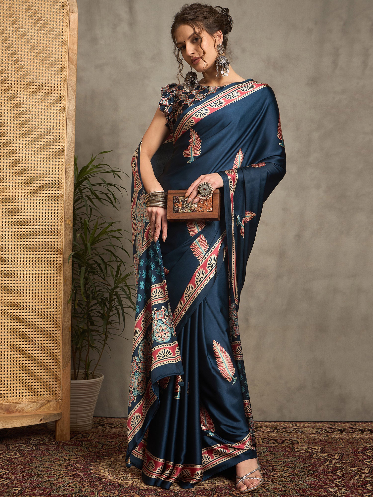 pure crepe teal blue printed designer saree with blouse piece norajrk112