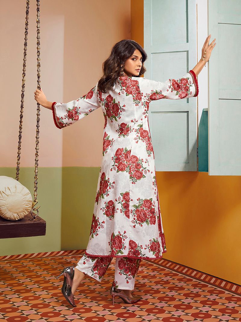 off white red colour floral printed kurta set