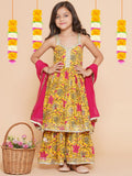 yellow floral printed empire gotta patti pure cotton kurta with sharara with dupatta