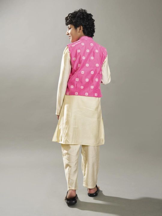 full sleeves jacquard design straight cut kurta pyjama with jacket offwhite pink