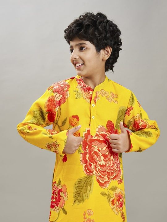 full sleeves floral print straight cut kurta with pyjama yellow floral