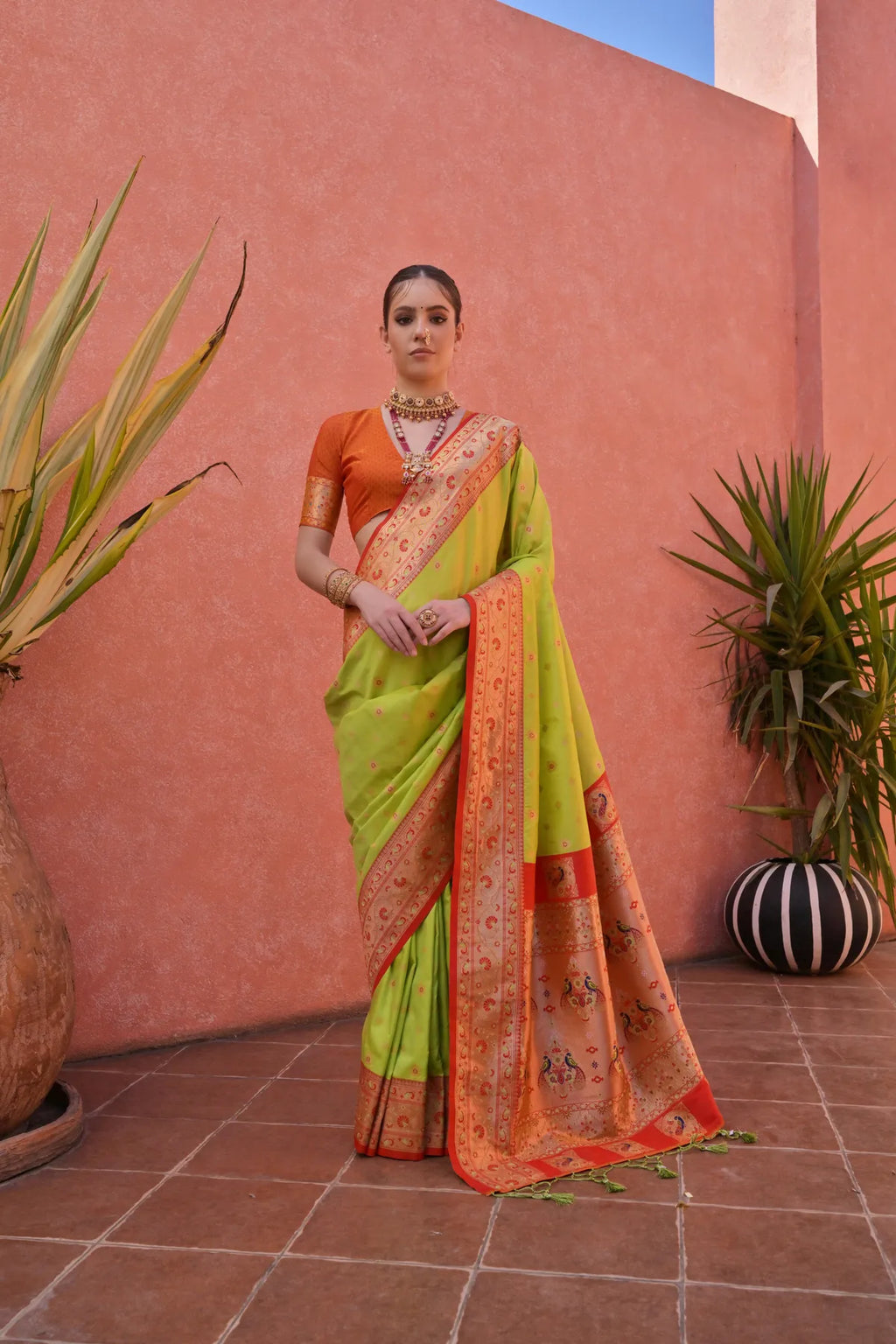 Pista Paithani Silk Saree With Blouse Piece For Women