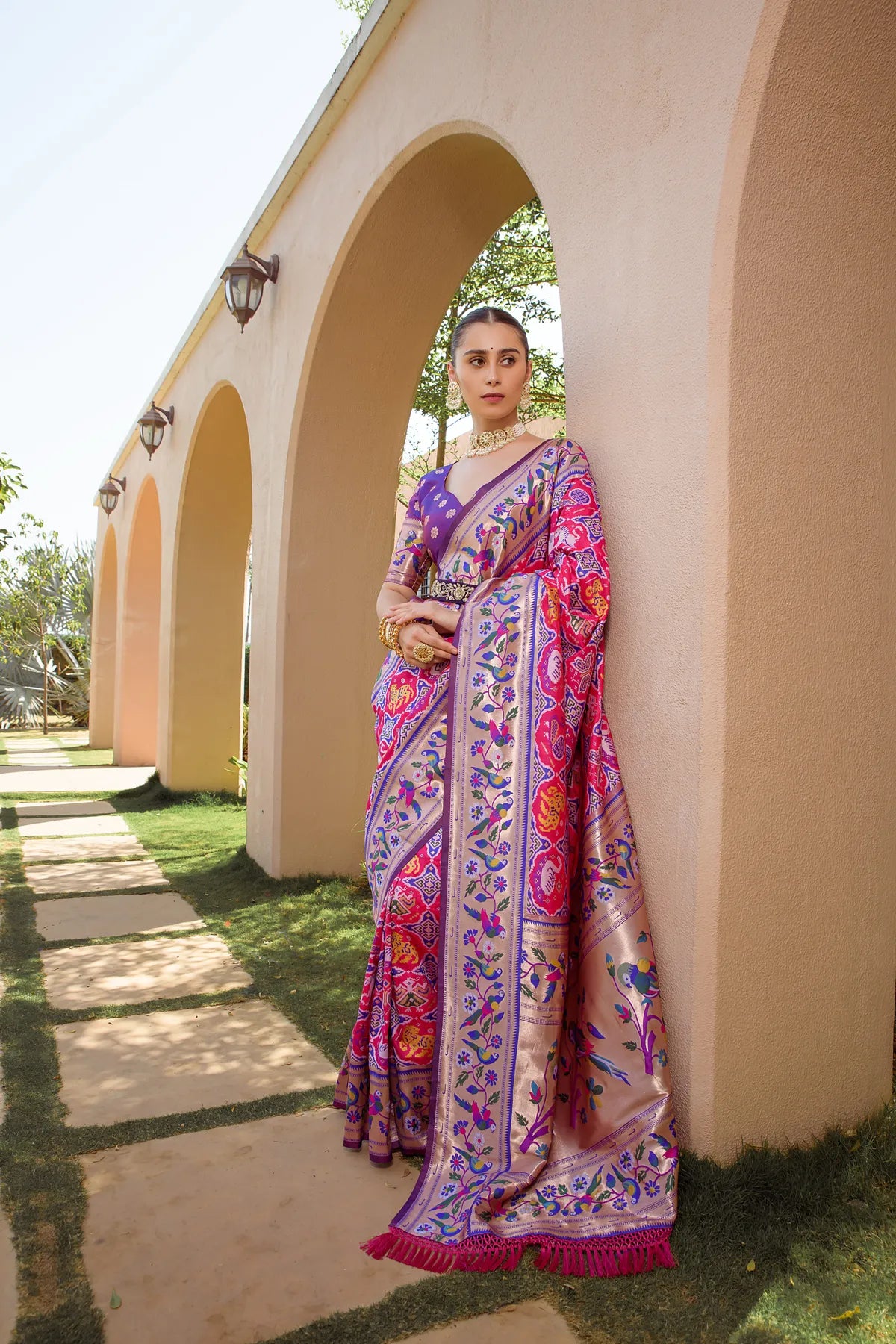 Hot Pink Paithani Silk Saree With Blouse Piece For Women