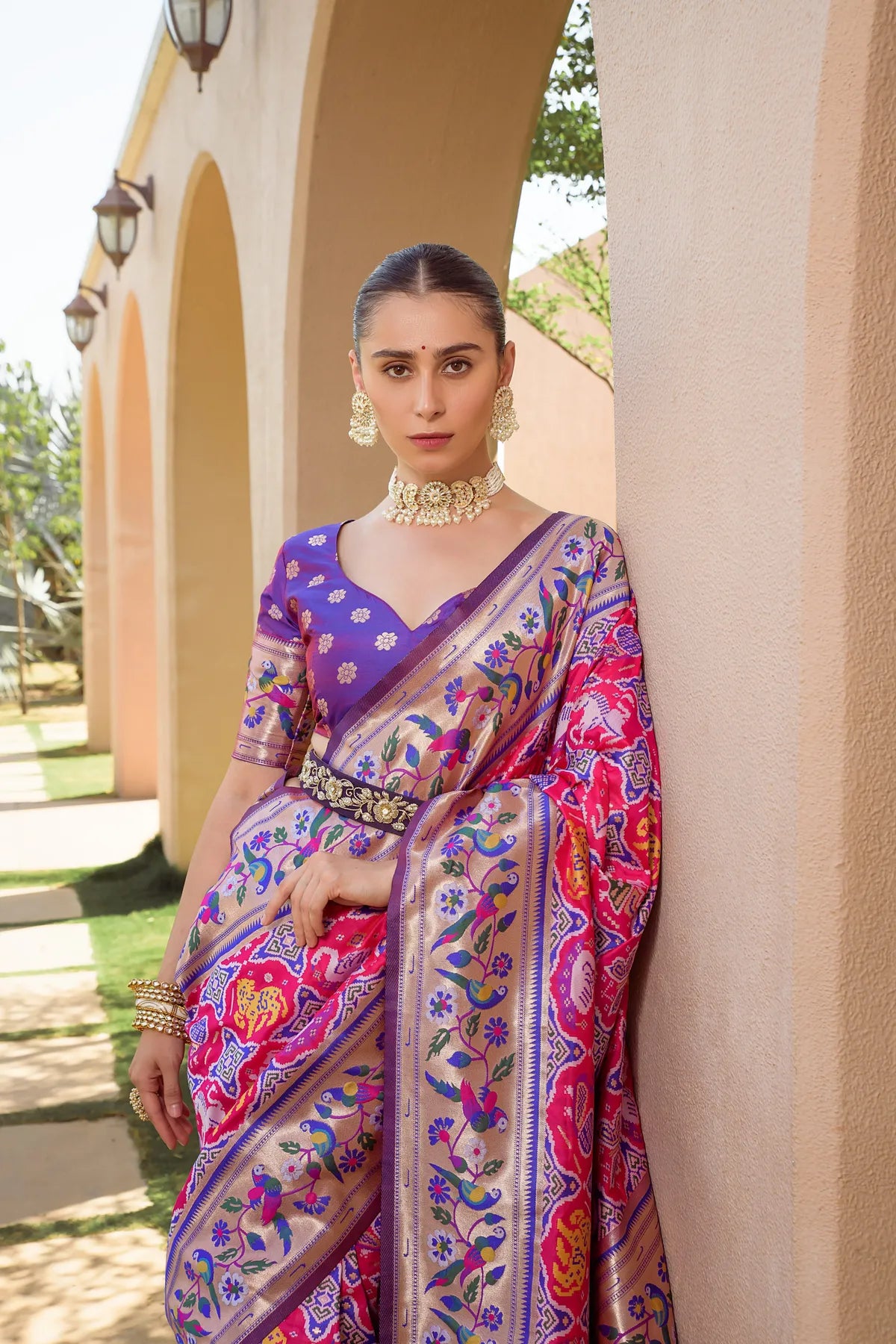 Hot Pink Paithani Silk Saree With Blouse Piece For Women