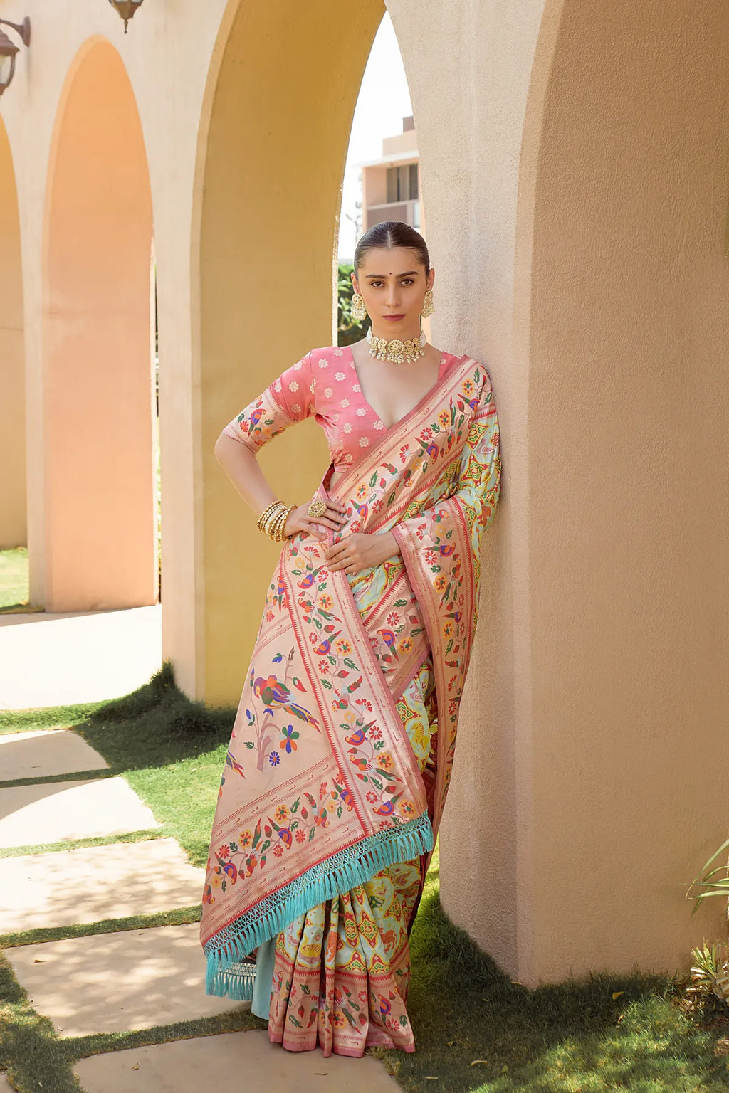 Sea Green Paithani Silk Saree With Blouse Piece For Women