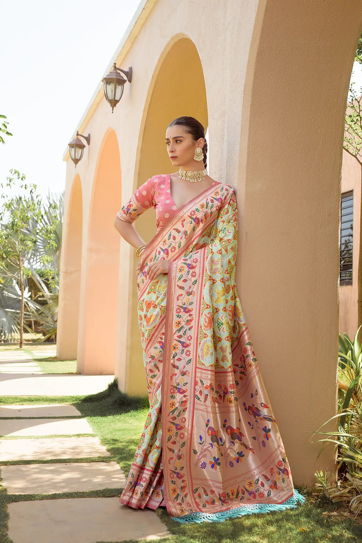 Sea Green Paithani Silk Saree With Blouse Piece For Women
