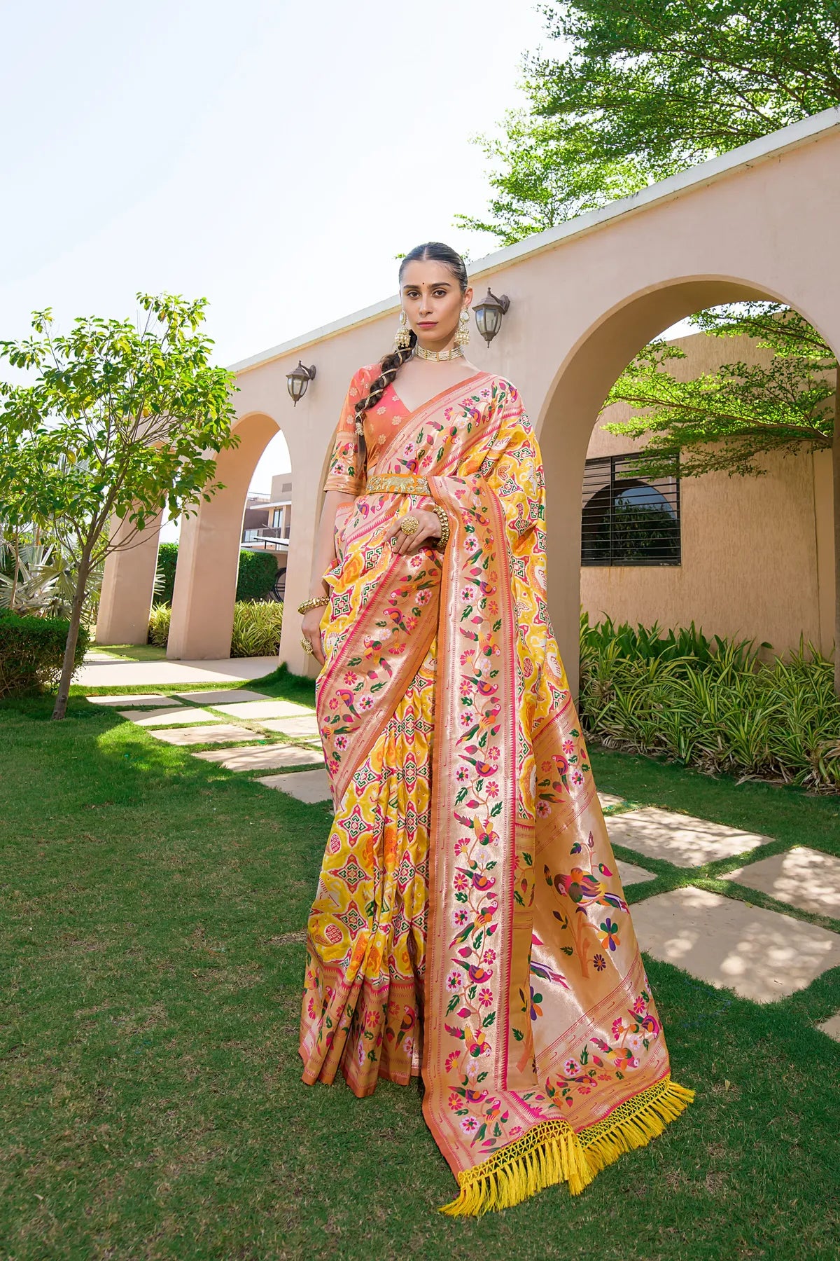 Yellow Paithani Silk Saree With Blouse Piece For Women