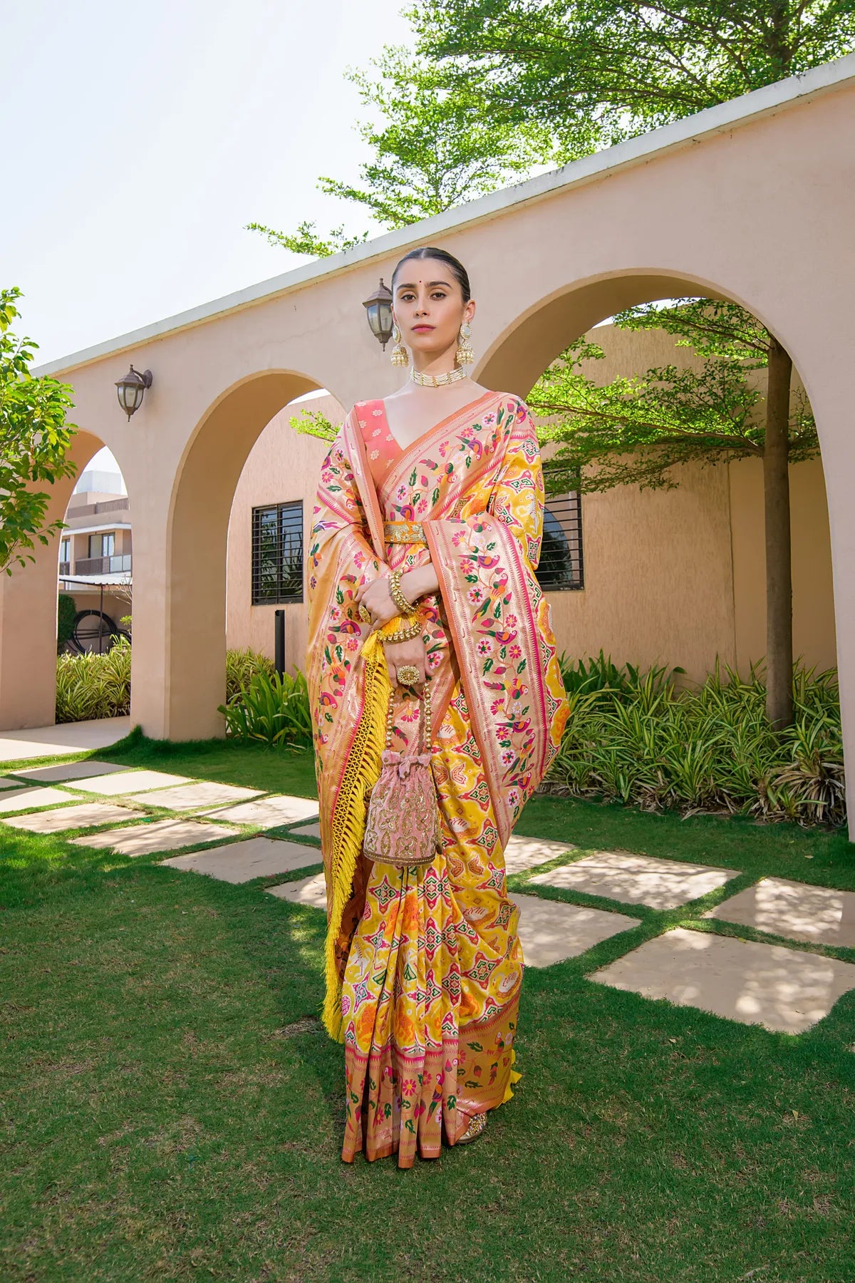 Yellow Paithani Silk Saree With Blouse Piece For Women