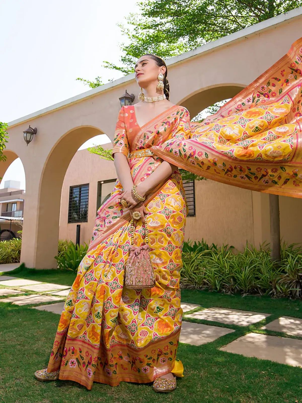 Yellow Paithani Silk Saree With Blouse Piece For Women