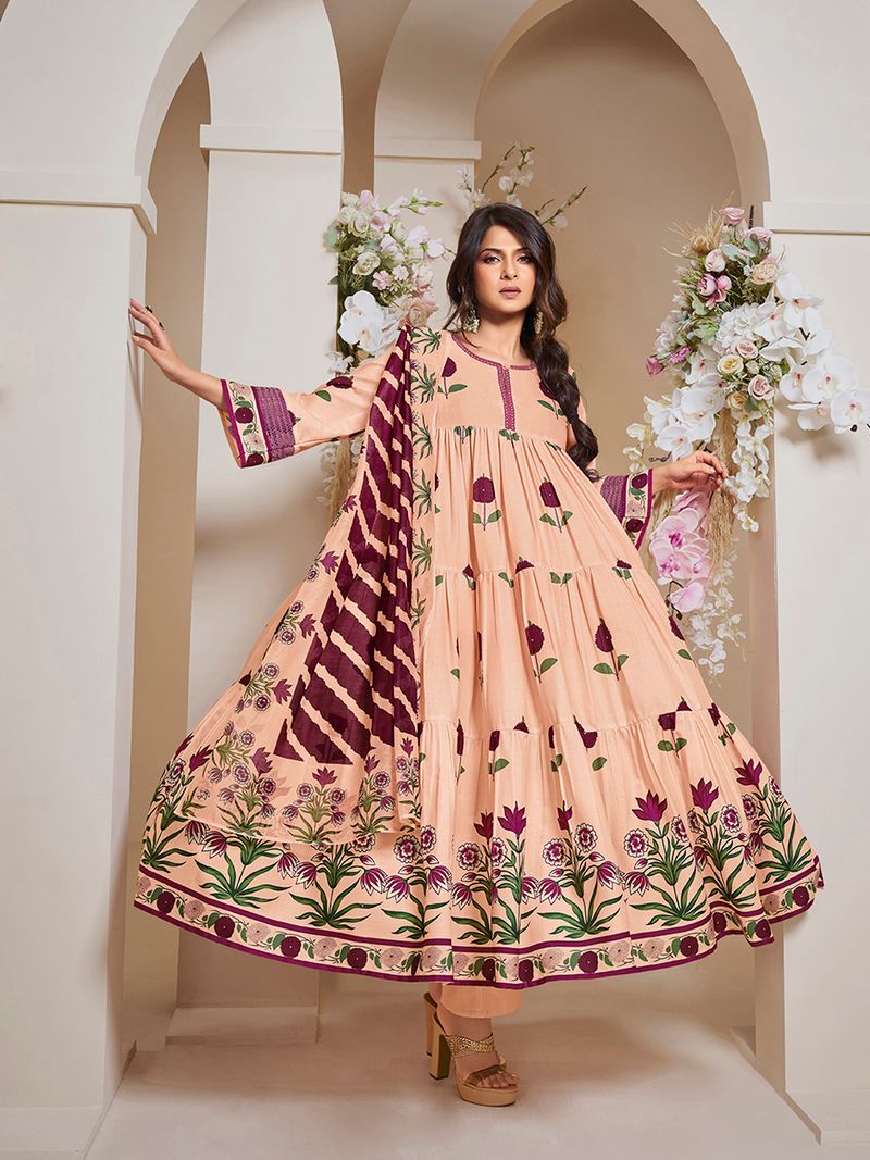 peach floral printed flared tier anarkali kurta with palazzos dupatta