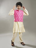 full sleeves jacquard design straight cut kurta pyjama with jacket offwhite pink