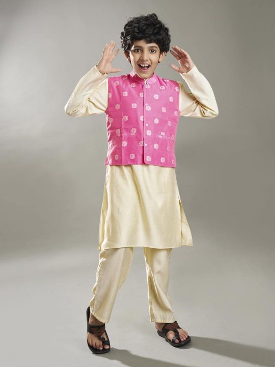 full sleeves jacquard design straight cut kurta pyjama with jacket offwhite pink