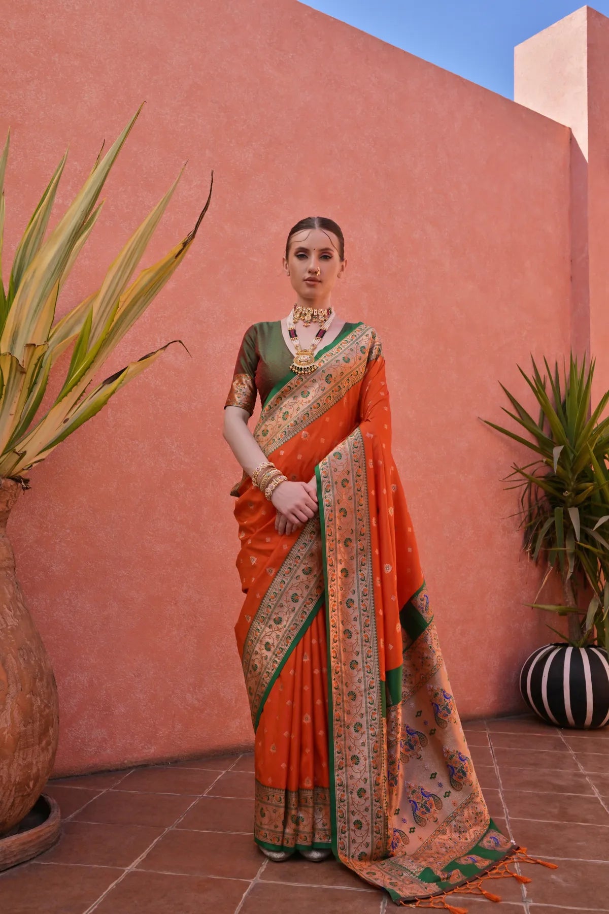 Orange Paithani Silk Saree With Blouse Piece For Women