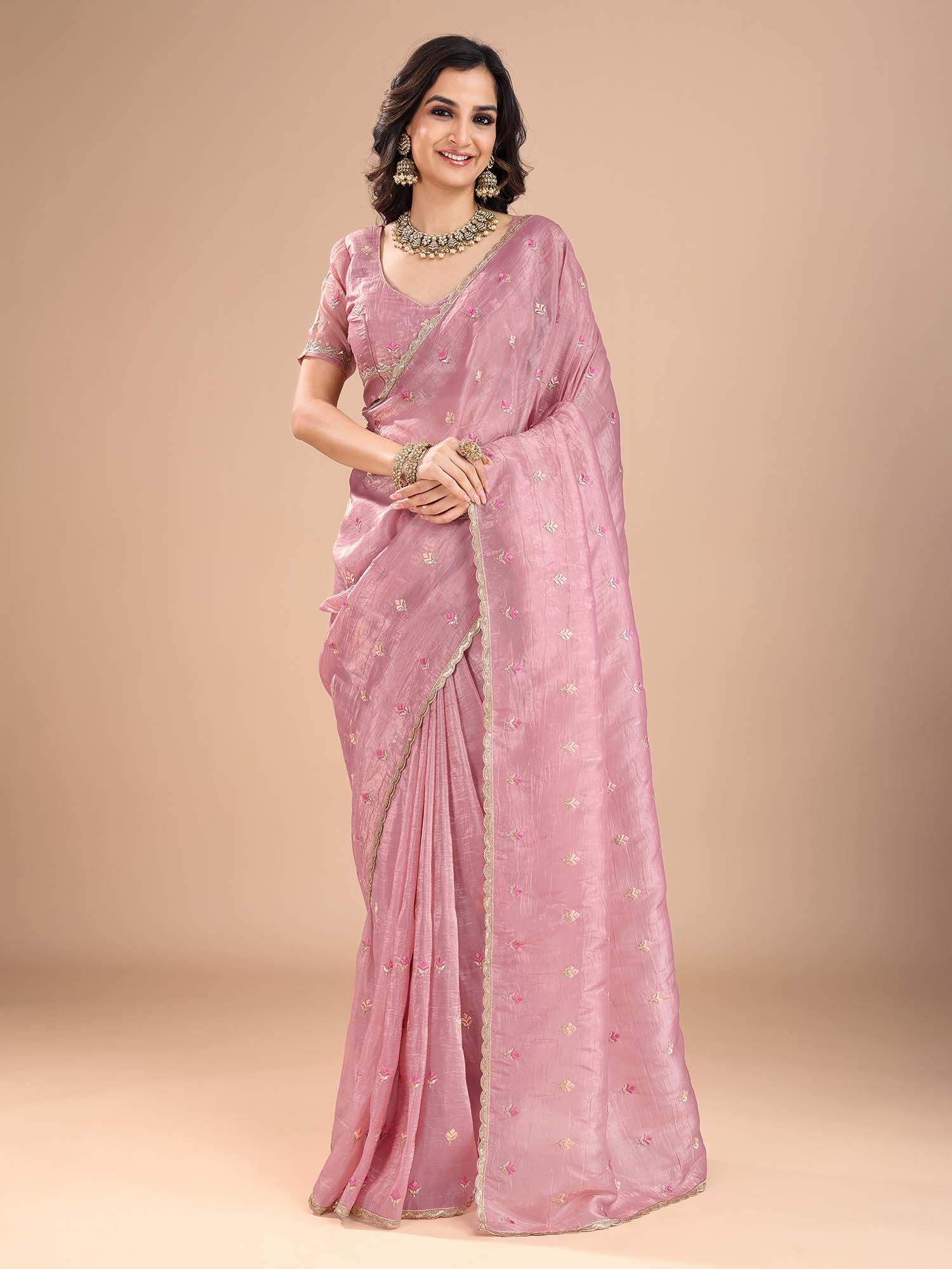 organza pink embroidered designer saree with blouse piece rani2501