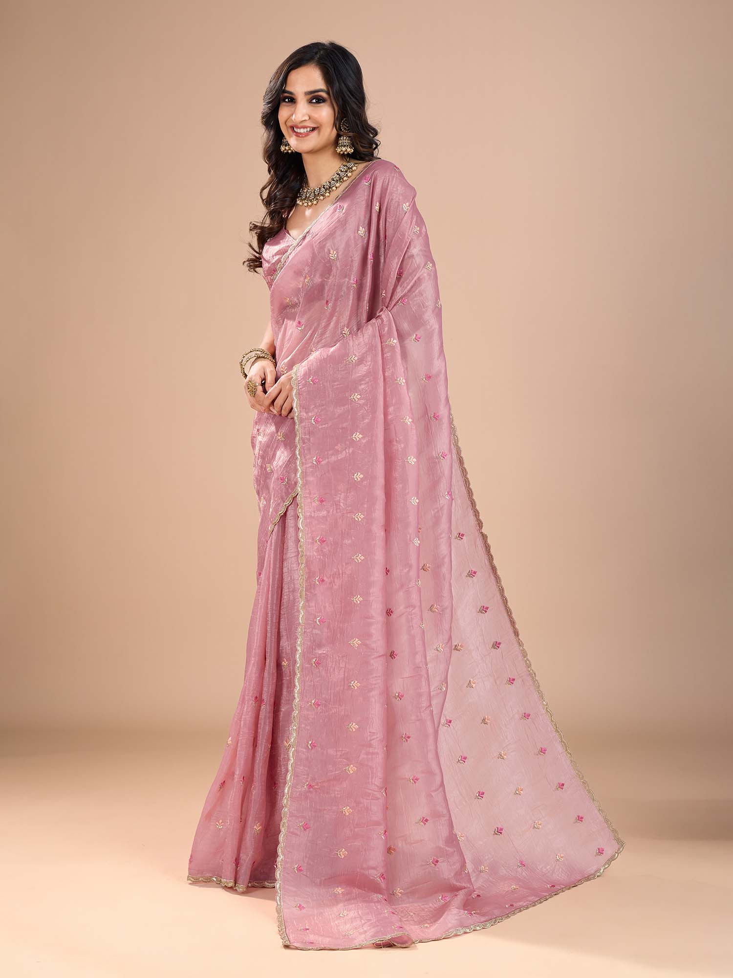 organza pink embroidered designer saree with blouse piece rani2501