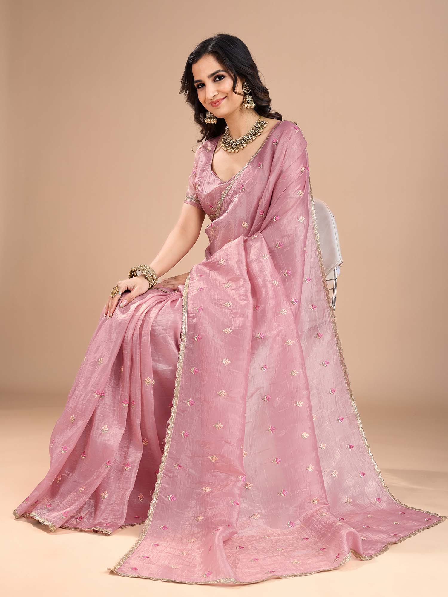 organza pink embroidered designer saree with blouse piece rani2501