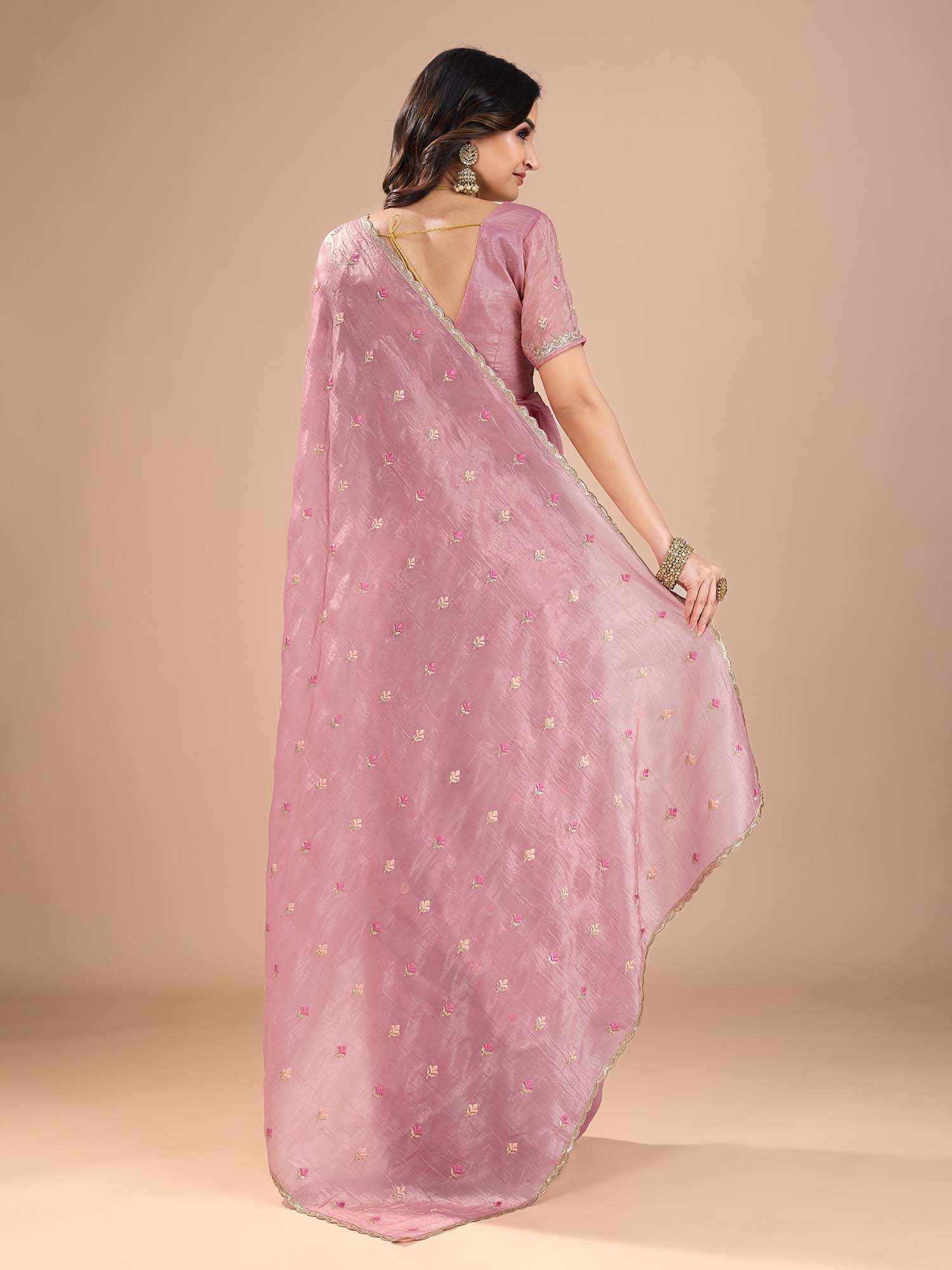 organza pink embroidered designer saree with blouse piece rani2501