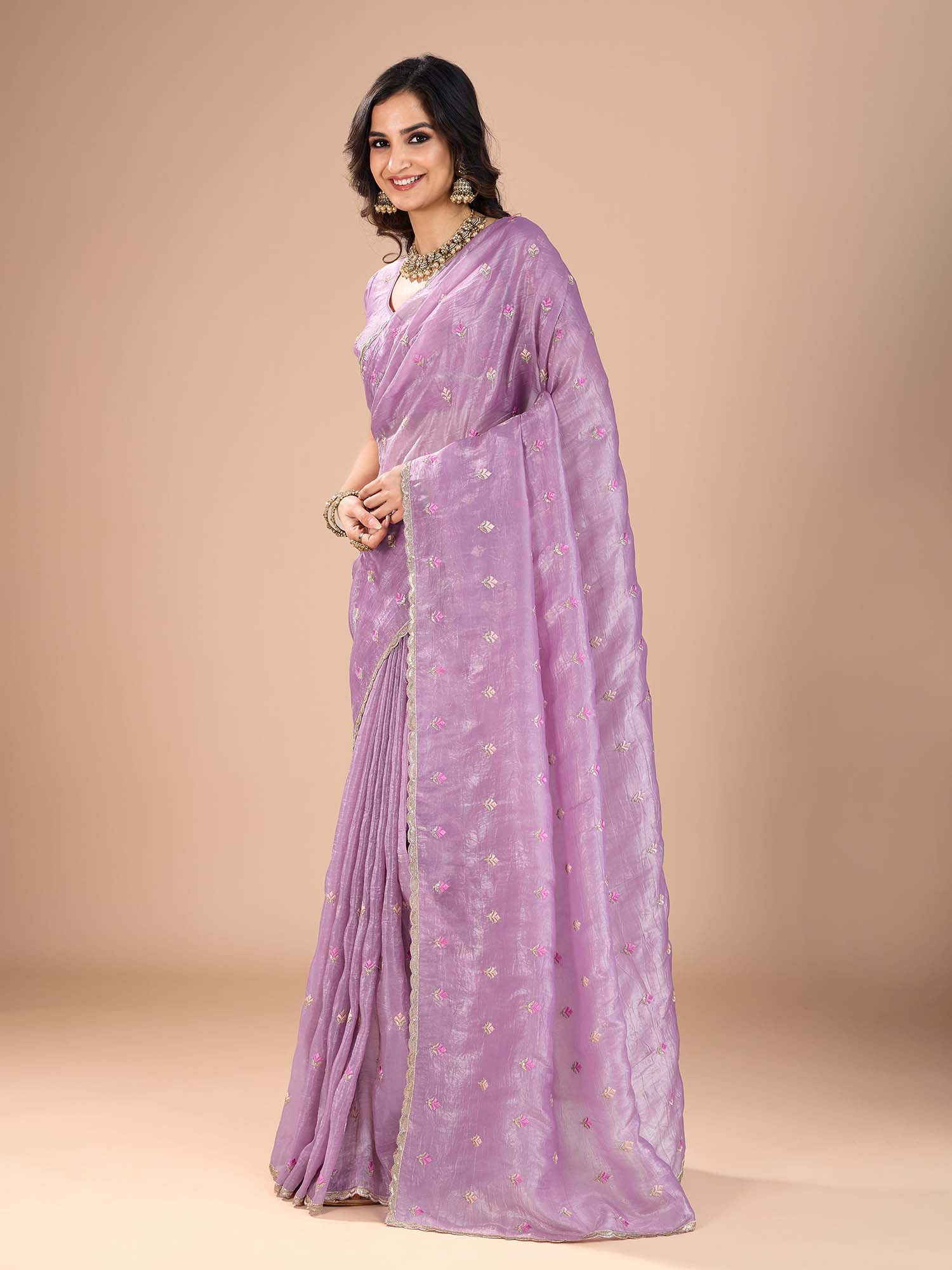organza purple embroidered designer saree with blouse piece rani2502