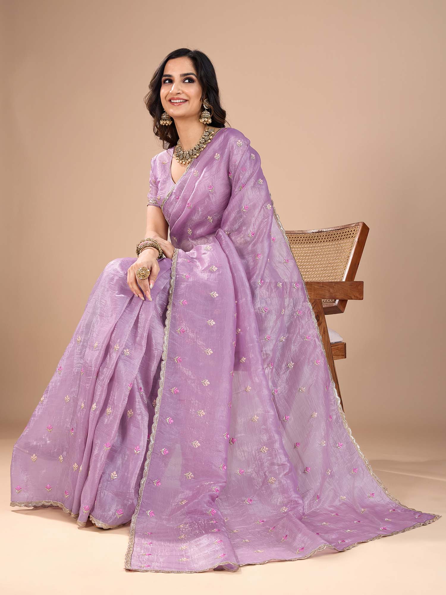 organza purple embroidered designer saree with blouse piece rani2502