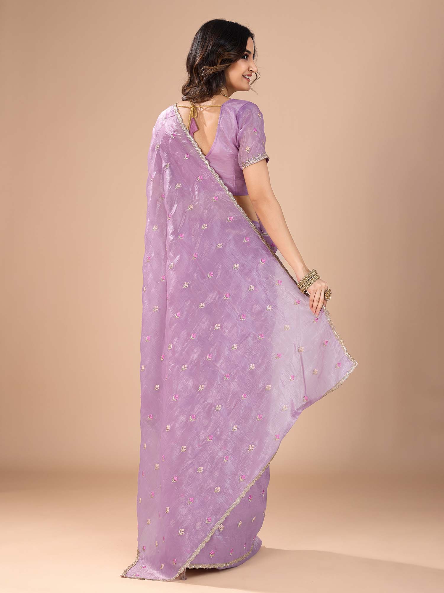 organza purple embroidered designer saree with blouse piece rani2502