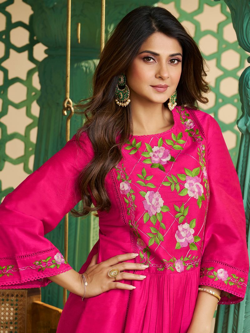 pink embroidered kurta set