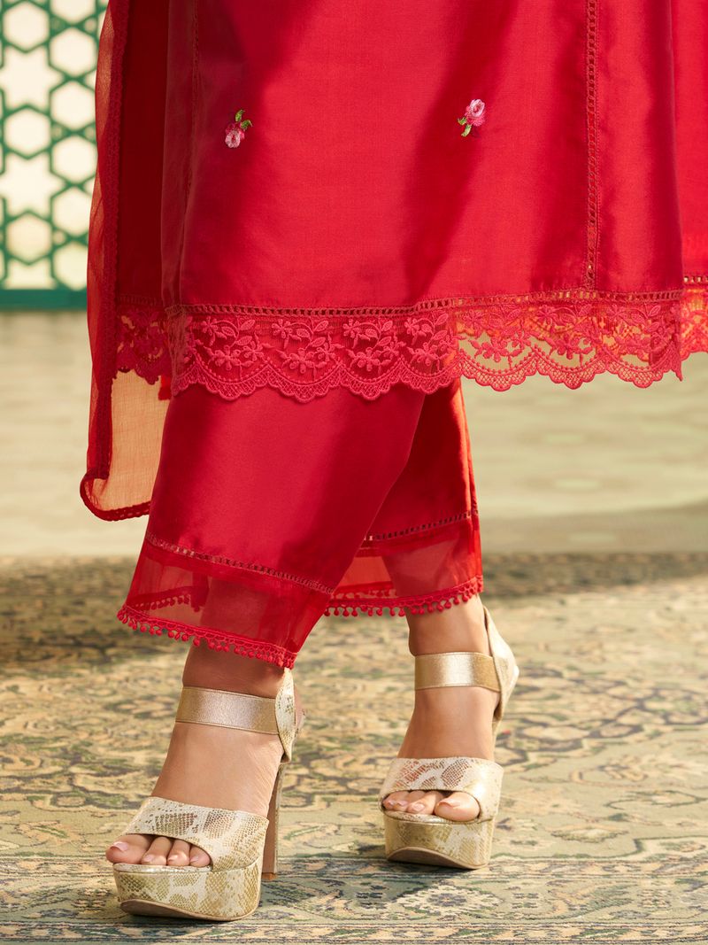 red embroidered kurta set