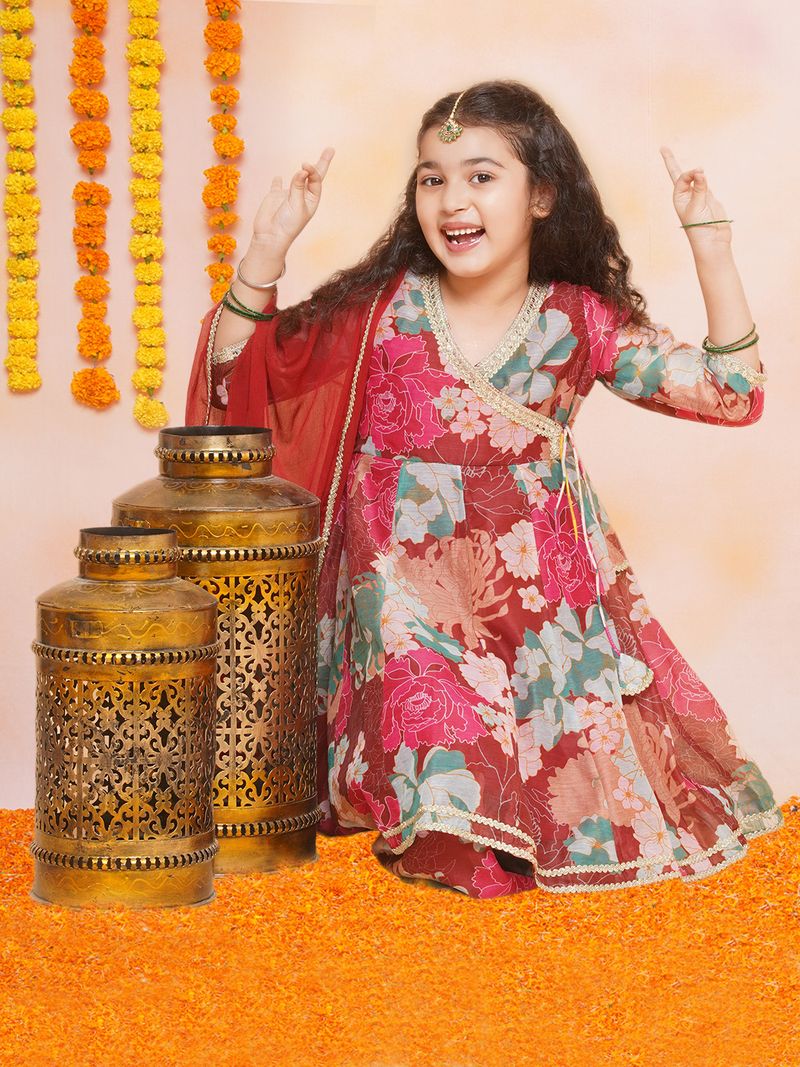 maroon multi floral printed angrakha gotta patti kurta sharara set with dupatta