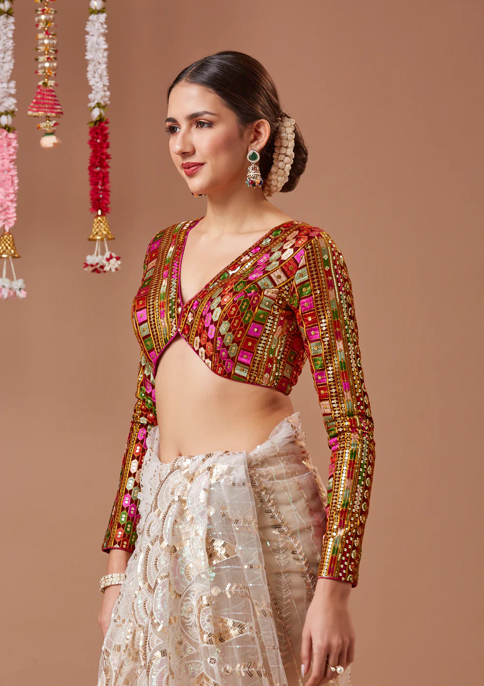 Maroon Georgette Embroidered V Neck Readymade Blouse