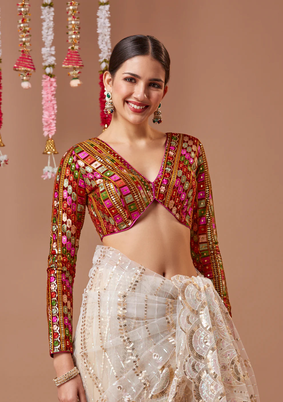 Maroon Georgette Embroidered V Neck Readymade Blouse