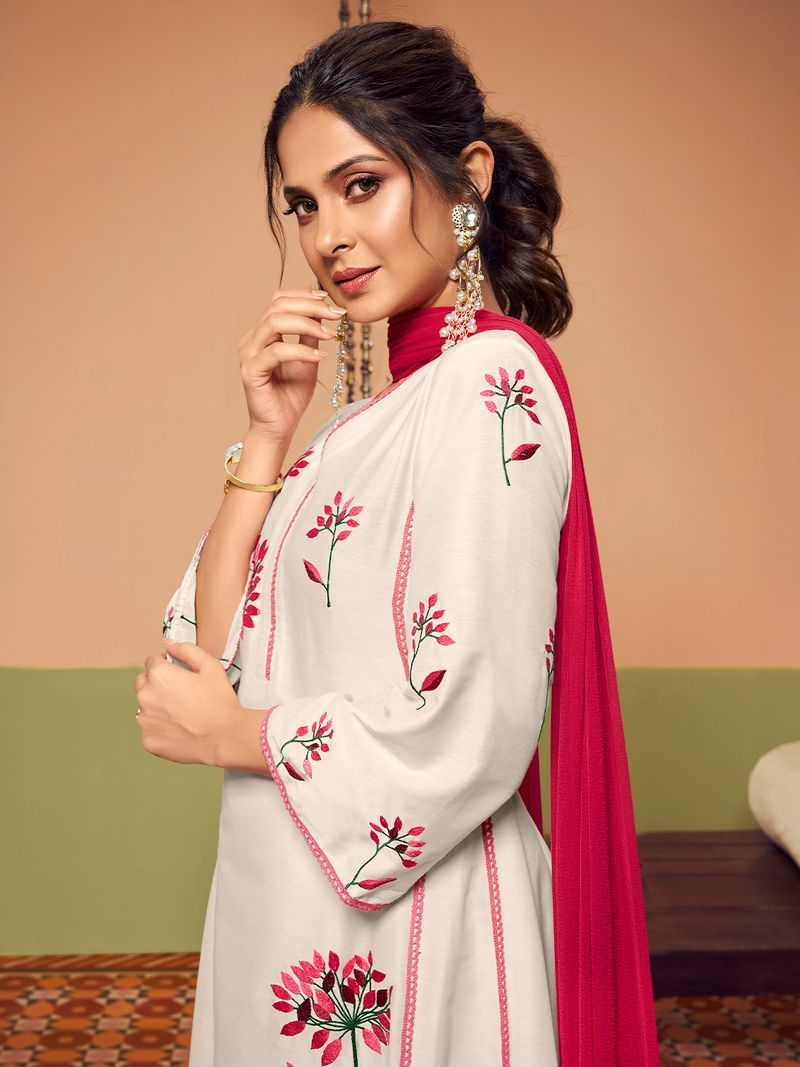 off white colour embroidered anarkali flared kurta with palazzos dupatta