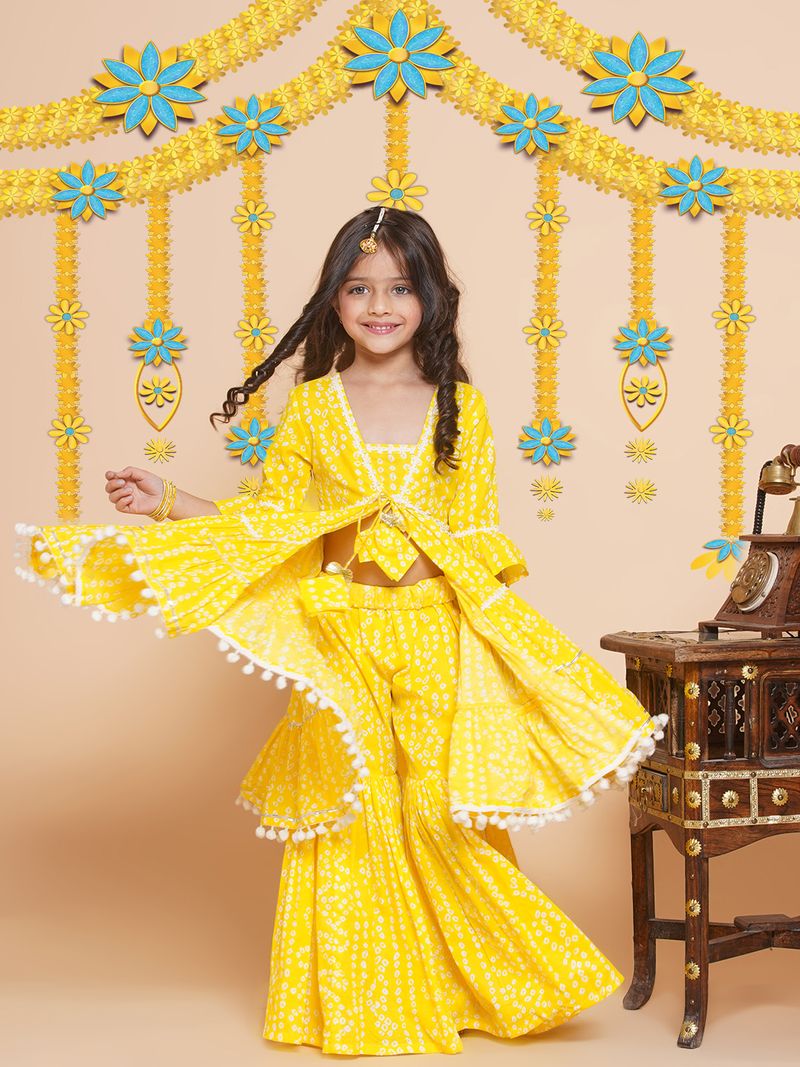 bandhani printed tiered gotta patti pure cotton kurta with sharara